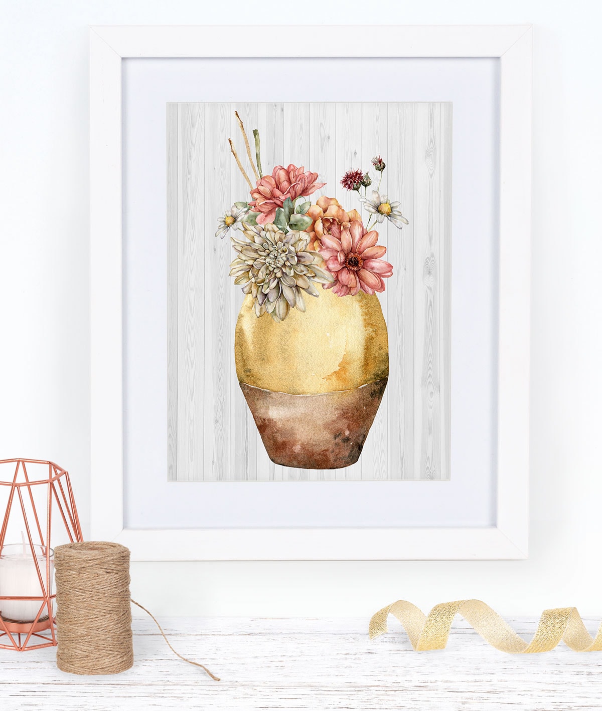 fall printable in frame with vase and flowers and fall elements on table