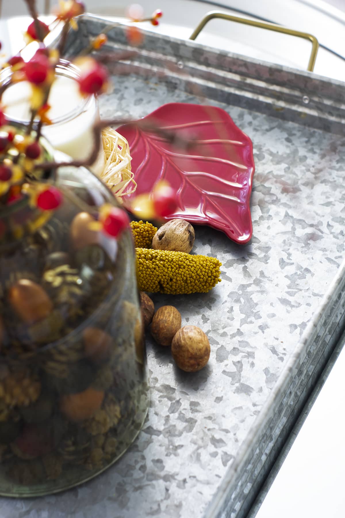 metal tray with fall elements and a red leaf tray