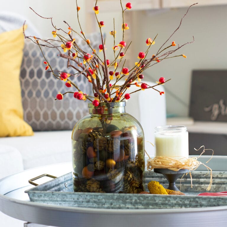 early fall vignette for a small coffee table in living room with sofa and pillows in background