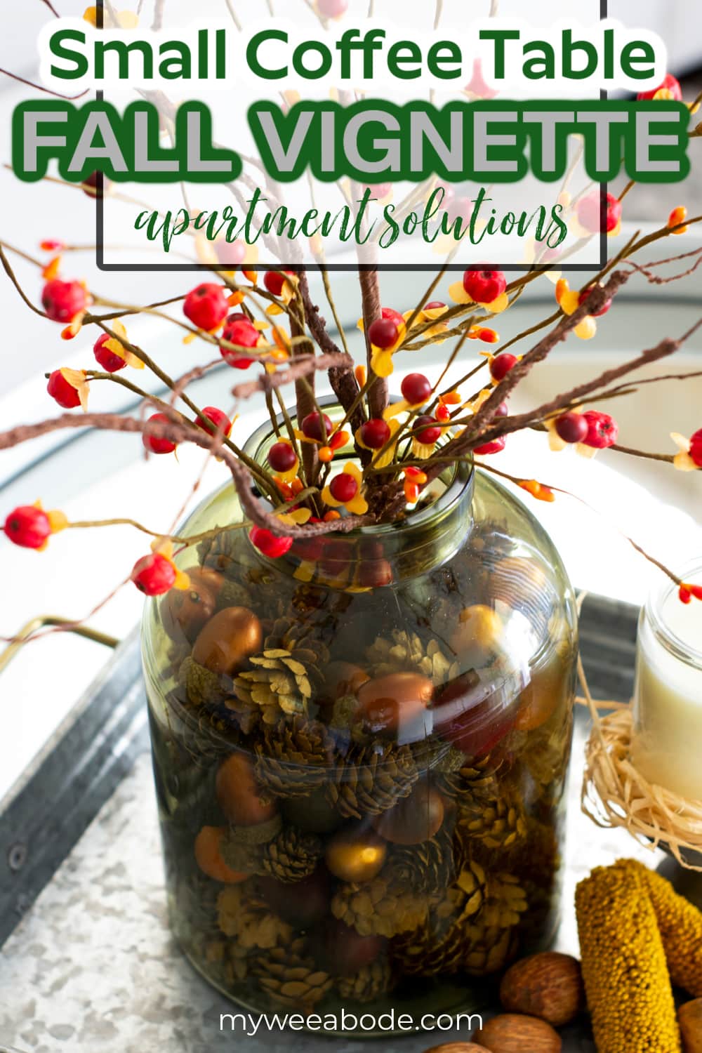 early fall vignette for a small coffee table green jar vase with pine cones and acorns inside and arranged with bittersweet berry sprigs