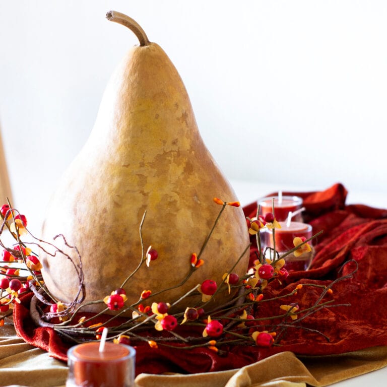 fall centerpiece with large gourd on white table