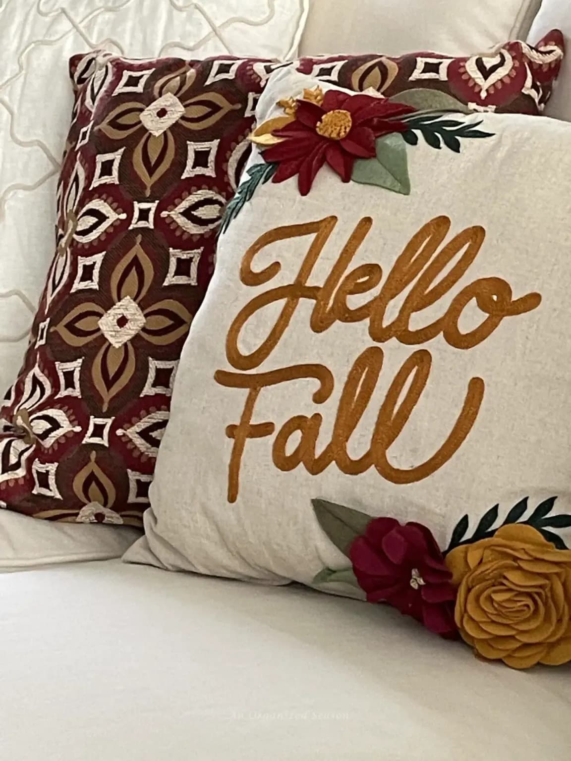 fall pillow pile on sofa