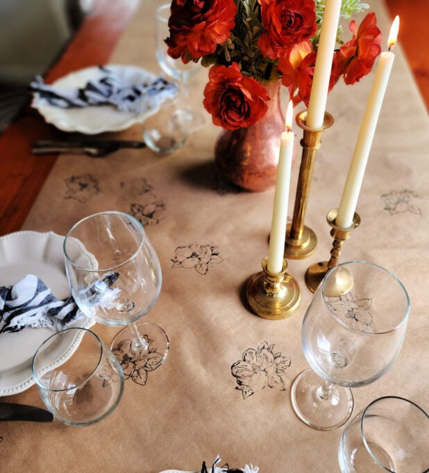 stamped craft paper table runner with tablescape