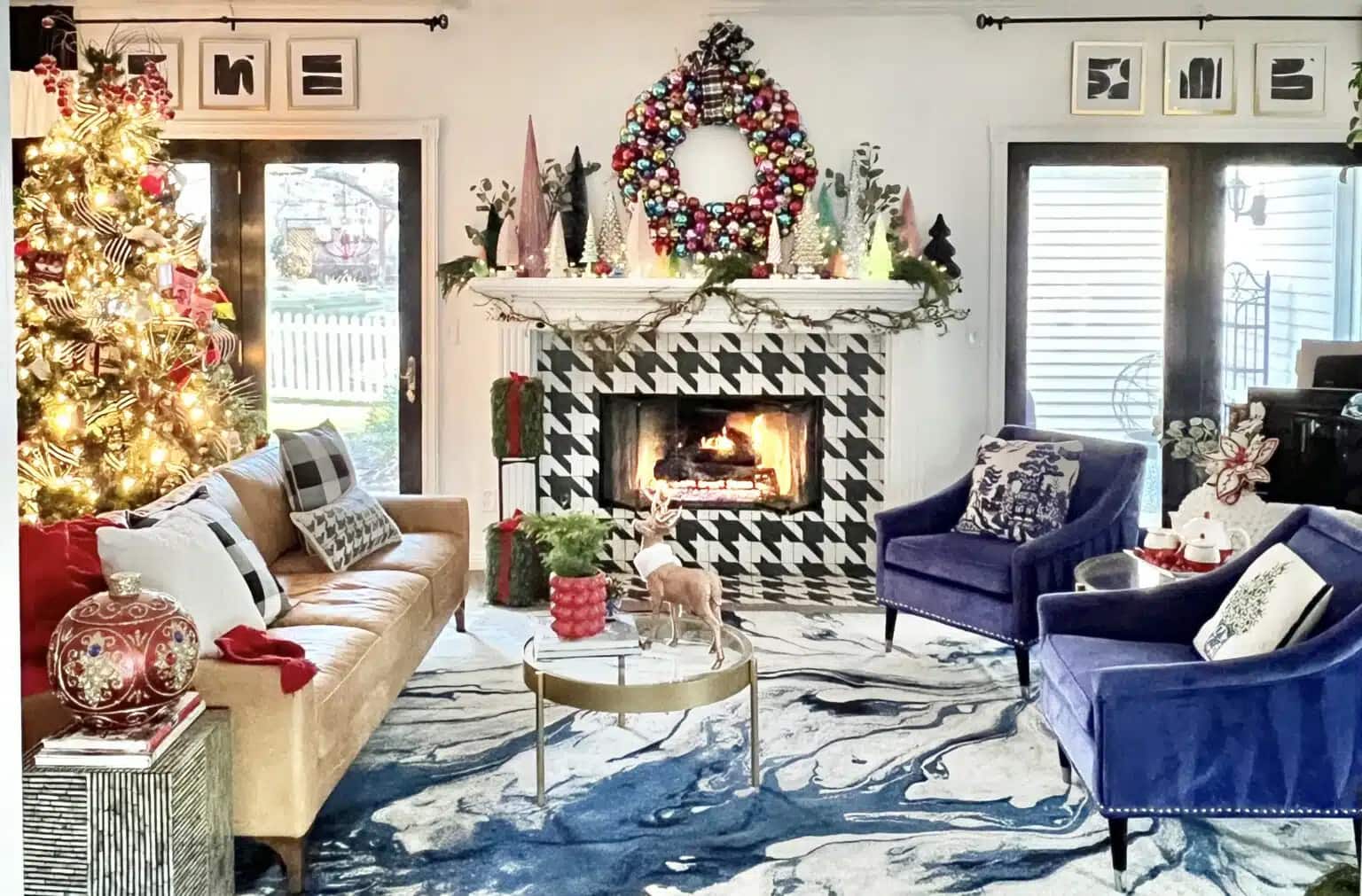 Living room with fire and christmas decor