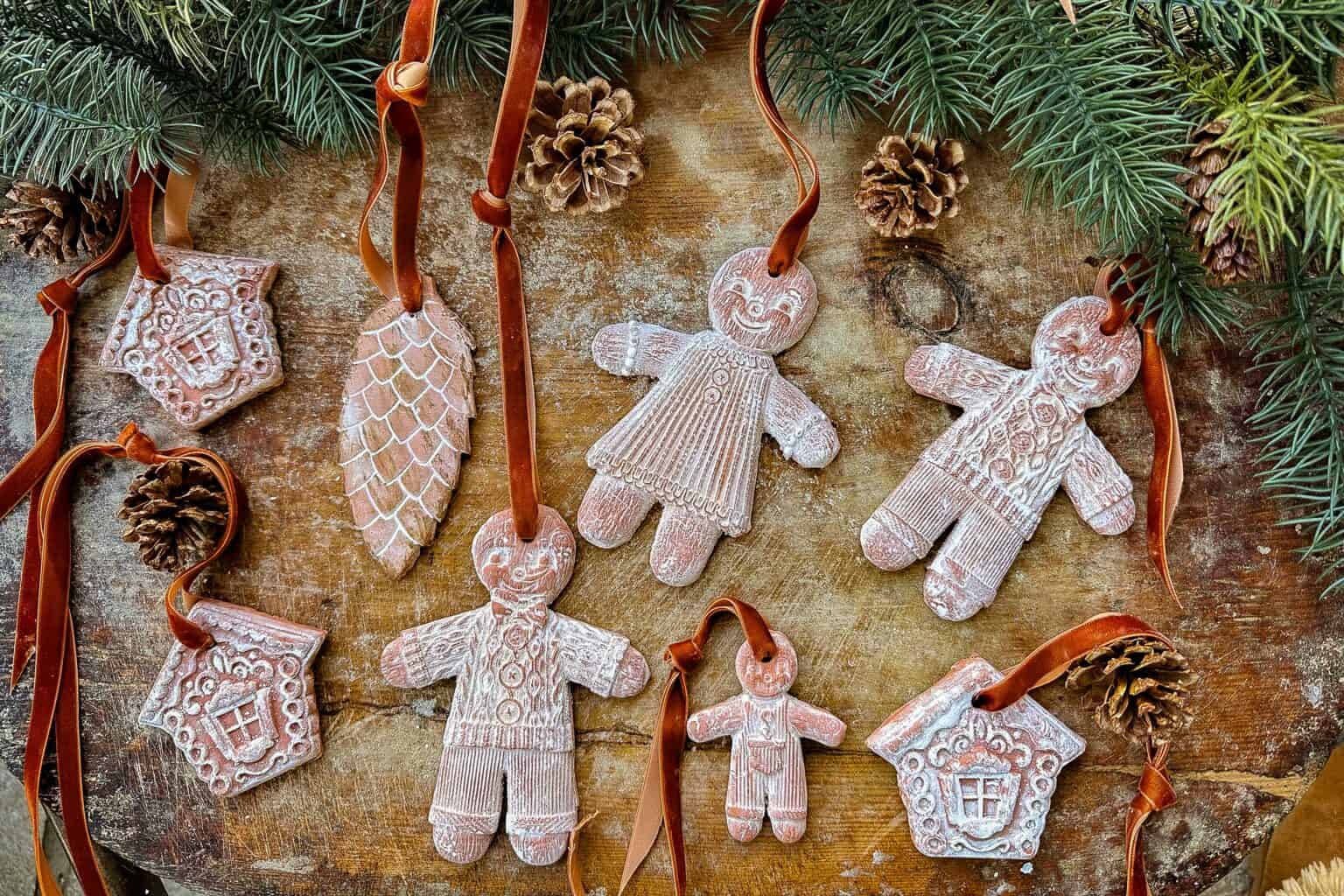 gingerbread ornaments on wood surface