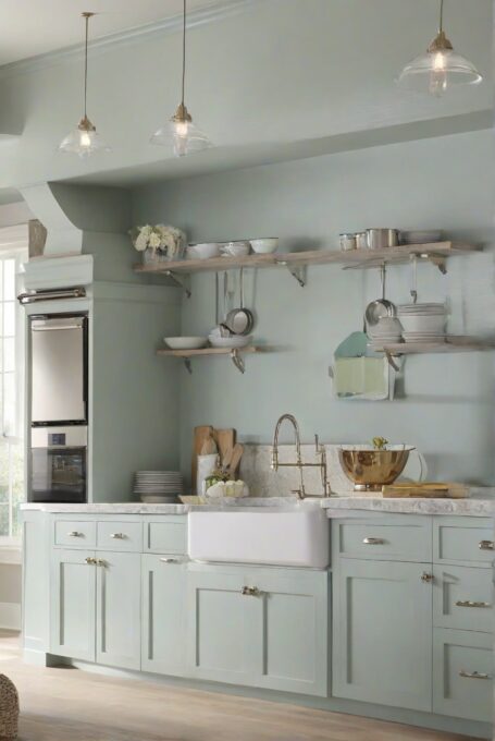 sage green cabinet paint colors kitchen with open shelving and kitchen items displayed