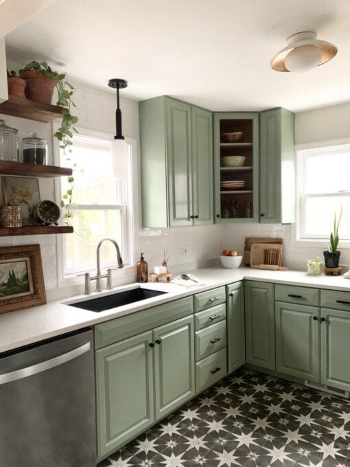 sage green cabinet paint colors kitchen with open shelving and kitchen items displayed