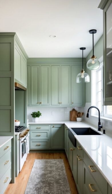 green and white kitchen with decor and utensil items displayed kitchen table in corner