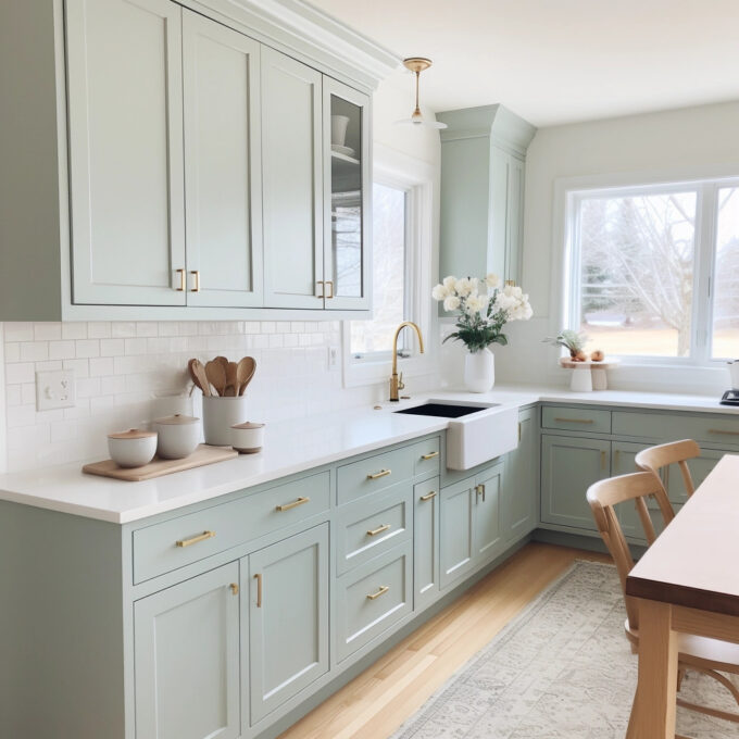green and white kitchen with decor and utensil items displayed kitchen table in corner