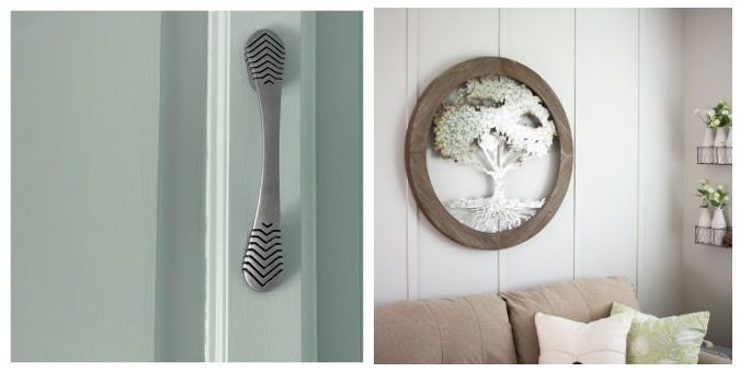 collage of cabinet door and living room wall and decor