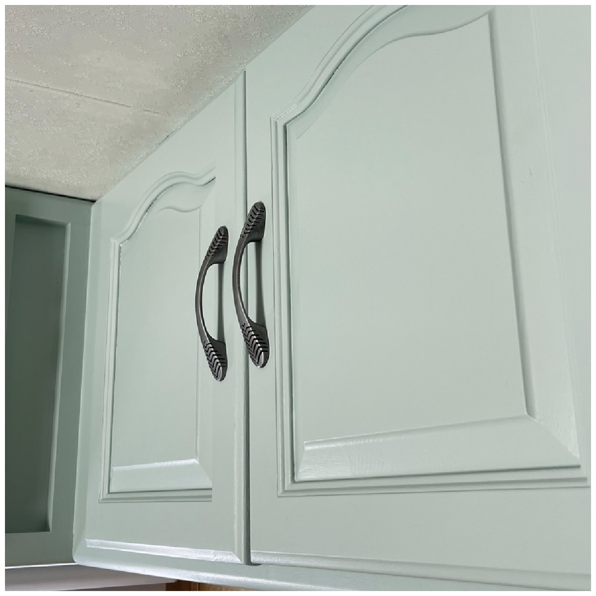 How to Paint Oak Cabinets with a Smooth Finish closeup of cabinet doors in green